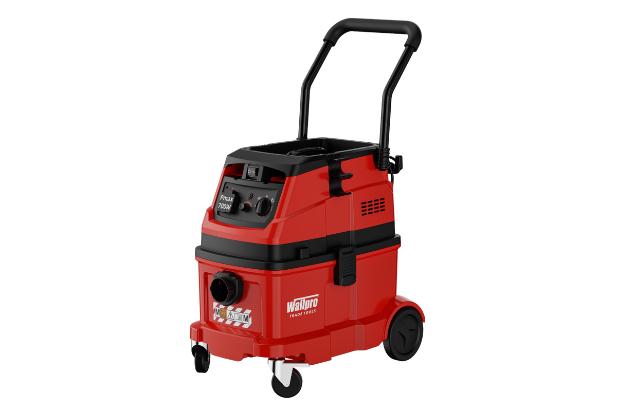 A red and black Wallpro cordless vacuum cleaner with a wheeled base, control panel, and a black handle, shown on a solid white background.