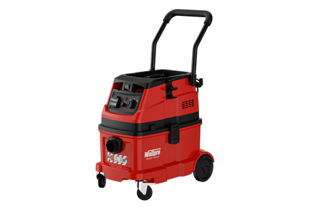 A red and black Wallpro cordless vacuum cleaner with a wheeled base, control panel, and a black handle, shown on a solid white background.