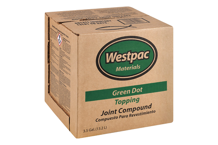 A 3.5 gal cardboard box of Westpac Materials Green Dot Topping Joint Compound on a plain white background.