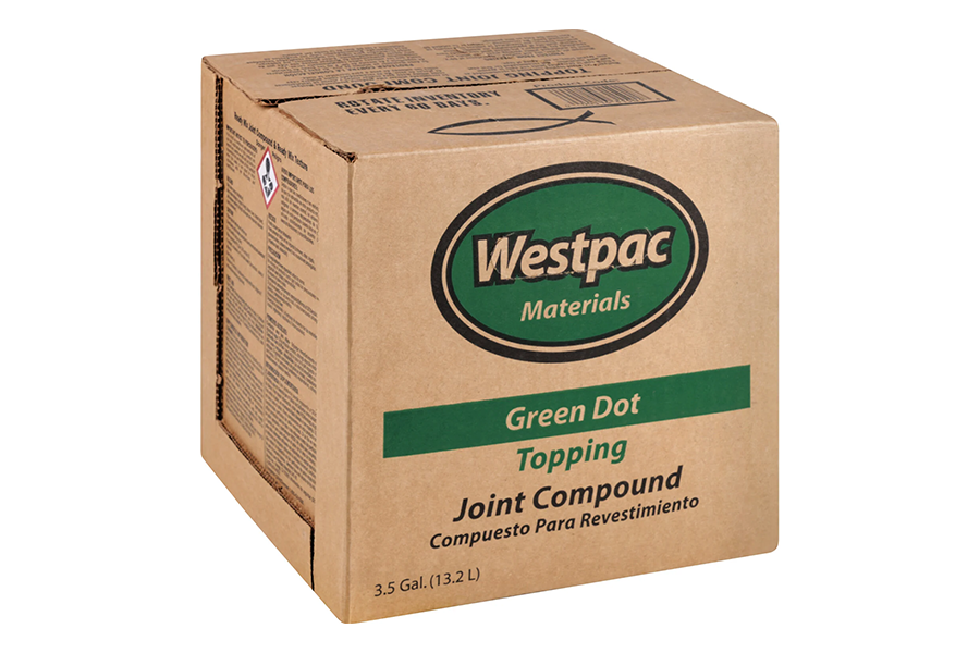 A 3.5 gal cardboard box of Westpac Materials Green Dot Topping Joint Compound on a plain white background.